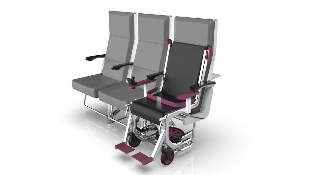 Airplane wheelchair A row of airplane seats and a wheelchair that is put next to them.