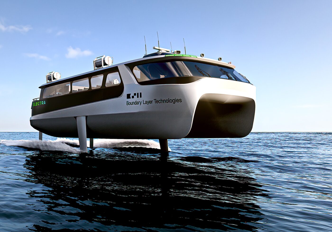 ELECTRA by Studio Bela Design A futuristic ferry floats above the water.